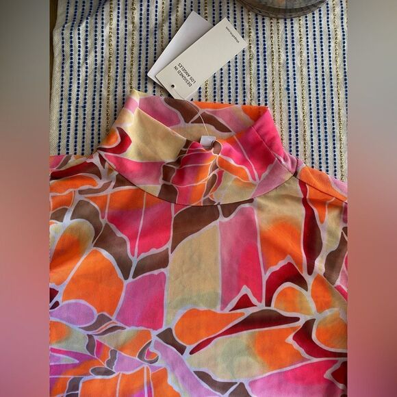 AFRM Zoe Mock Neck Mesh Top Pink Sheer Abstract Womens Size S/P - Picture 5 of 12